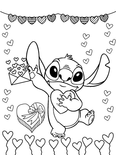 Stitch with Full of Valentine Hearts Coloring Page Stitch Activities For Kids, Stitch Colouring Pages, Stitch Coloring Pages Free Printable, Valentines Stitch, Lilo And Stitch Coloring Pages, Stitch Valentines Day, Stitch Valentines, Stitch Coloring, Stitch Coloring Pages