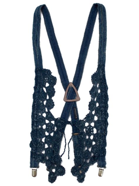 INSPIRATION ~ Crochet embellished suspenders / vest Outrageous Fashion, Caron Yarn, Crochet Goodies, Crochet Vest, Crochet Squares, Tres Chic, Learn To Crochet, Crochet Jewelry, Crocheted Item