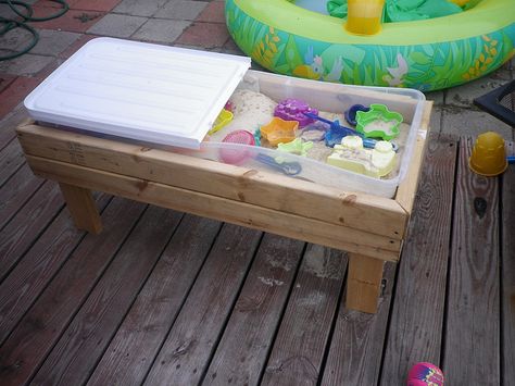 Here's mine: Sand box I made for $13, and hubby built the stand with old wood that was going to thrown out by his brother.... ;) Kinetic Sand Table, Sand Table Diy, Diy Sand Table, Diy Sandbox, Bed Clothes, Play Area Backyard, Sand And Water Table, Sand Toys, Sand Table