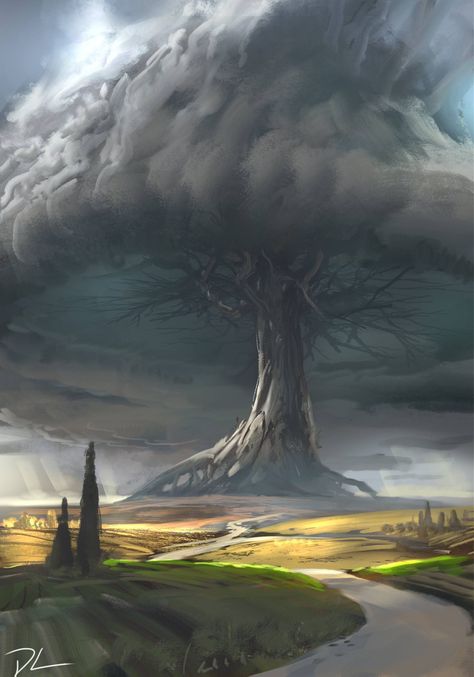 Artist unknown, but whom ever did this, did splendidly! Illustration Landscape, Illustration Fantasy, Giant Tree, Location Inspiration, 다크 판타지, Fantasy City, Fantasy Setting, Fantasy Places, Fantasy Map