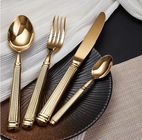 Luxury Stainless Steel Cutlery Set Crafted for those who appreciate the finer things in life, this set is more than just utensils— it’s a statement of style and sophistication. Luxury 4 Piece Cutlery Set, Stainless Steel, Eco Friendly, DishWasher Safe, includes Knife, Spoon, Fork and Tea Spoon, Timeless Design. Don’t wait, Enjoy a luxurious dining experience & make every meal a special occasion. Order now and add a touch of elegance to your table! #luxury #luxurylifestyle #luxurious #ele... Brass Cutlery, Gold Silverware, Gold Cutlery Set, Gold Cutlery, Gold Flatware, Luxury Tableware, Elegant Table Settings, Vintage Spoons, Vintage Dinnerware