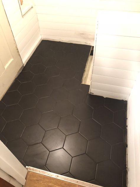 Charcoal Grout With Black Tile, Charcoal Grout Bathroom, Charcoal Grout, Entryway Remodel, Basement Redesign, Black Tile Bathrooms, Bathroom 2024, Tiled Bathroom, Guest Bathroom Decor