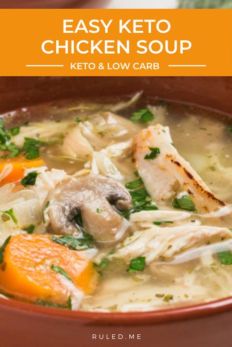 Everybody loves the nourishing comfort of chicken soup. With our keto no-noodle chicken soup recipe, you can enjoy it without the carbs. It’s crafted with healing bone broth, making this wholesome soup the perfect choice for chilly days, when you’re under the weather, or simply needing a hearty and comforting meal. Keto Marry Me Chicken Soup, Keto Friendly Chicken Soup, Keto Chicken And Dumpling Soup, Keto Chicken Vegetable Soup, Keto Soup With Chicken, Chicken Soup Keto, Healing Chicken Soup, Keto Cream Of Chicken Soup, Healthy Low Carb Soups