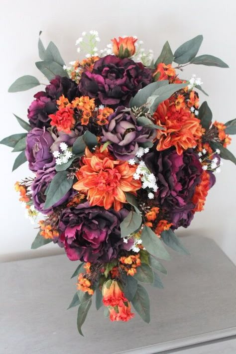 Purple Autumn Wedding Flowers, Rust And Plum Wedding, Burnt Orange And Plum Wedding, Plum Orange Wedding, Plum And Orange Wedding Decorations, Plum Burnt Orange Wedding, Plum And Orange Wedding Ideas, Deep Purple And Burnt Orange Wedding, Purple And Orange Bridesmaid Dresses