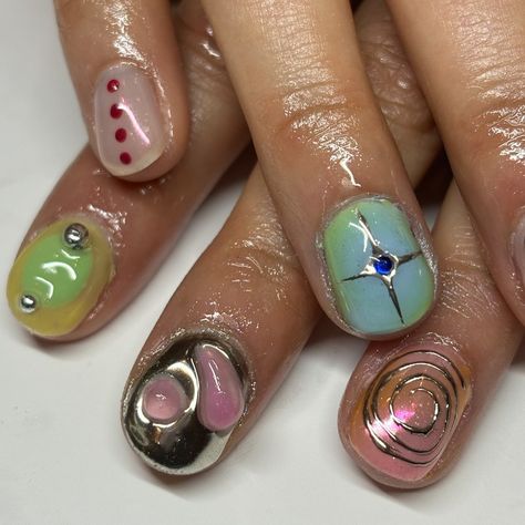 mixed match biab mani 🌀🫧🍋🩷 #nailart #londonnailtech #londonnails Mix And Match Biab Nails, Short Biab Nails Funky, Biab Nails Funky, Funky Biab Nails, Mix And Match Manicure, Short Funky Nails, Piercing Nails, Funky Mismatched Nails, Mismatched Nails