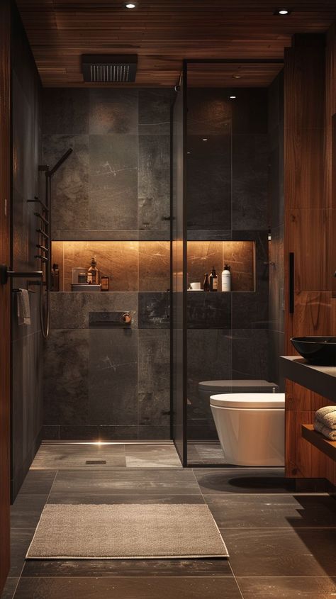 Mens Luxury Bathroom, Dark And Wood Bathroom, Rustic Modern Shower Ideas, Short Bathroom Ideas, Black And Dark Wood Bathroom, Master Ensuite Bathroom Moody, Bathroom Ideas Black And Wood, Bathroom With Shower Cabin, Dark Shower Ideas