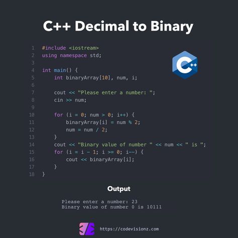 Learn C++ Programming Basics for free. #cpp #cppprogramming #cpptutorial #cpplus #cplusplus #cplusplusprogramming #cpluspluscode #developer #code #codes #coding #learntocode #learncode #learncoding #learnprogramming #programming #softwaredeveloper #softwaredevelopers #softwaredevelopment #programminglife #codinglife #programminglanguage #programmingstudents #dev #devs #developer C++ Coding Projects, C Language Programming Basic, C++ Code, C++ Programming, Cpp Programming, Decimal To Binary, C Programming Learning, Kevin Mitnick, Programming Basics