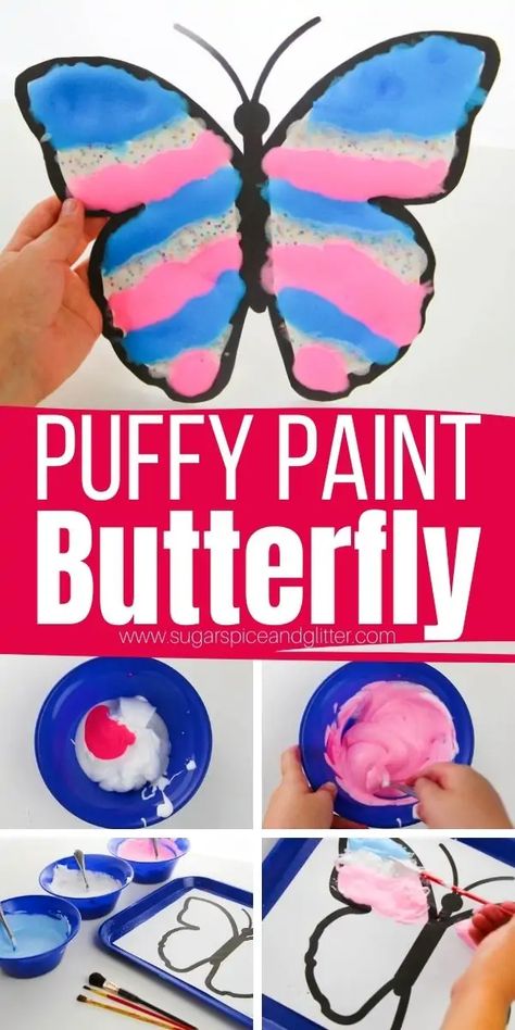 How to make puffy paint to create a magical, 3D puffy butterfly craft with amazing texture. This 3-ingredient puffy paint takes less than a minute to whip up, letting you get right to crafting your magical butterfly paintings Butterfly Crafts Toddlers, Puffy Paint Designs, Make Puffy Paint, Puffy Paint Crafts, Puffy Paint Recipe, Insects Activities, Recyclable Art, Preschool Bugs, Homemade Puffy Paint