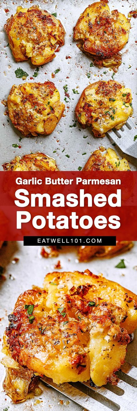 Baked Smashed Potatoes, Potatoes Smashed, Parmesan Smashed Potatoes, Smashed Potatoes Baked, Baked Recipe, Smashed Potatoes Recipe, Potatoes Baked, Potato Recipes Side Dishes, Smashed Potatoes