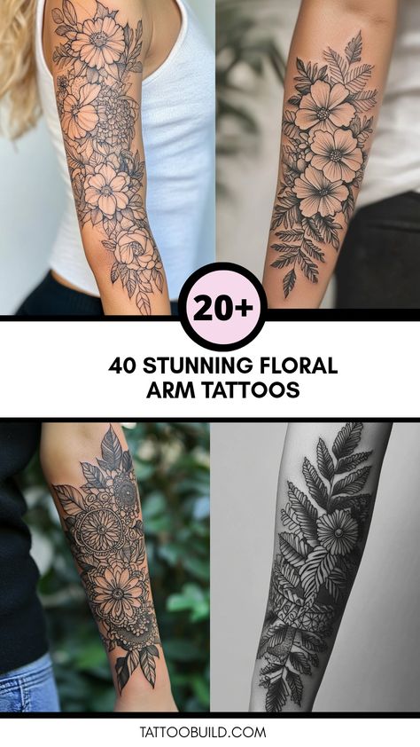 Looking for inspiration on floral arm tattoos? Check out these 40 fabulous designs that range from delicate wildflowers to bold and colorful blossoms. These tattoos beautifully express individuality and style while incorporating profound meanings behind each flower. Whether you want a tiny rose or a majestic bouquet, this list has something for everyone. Get ideas that reflect your personality, and connect with nature like never before through floral ink. Say goodbye to boring arm tattoos and hello to your new favorite artwork! Wrist Tattoos For Women Floral, Forarm Tattoos Woman Floral, Flower Arm Sleeve Tattoos For Women, Full Sleeve Floral Tattoos Women, Tricep Flower Tattoo, Cute Arm Sleeve Tattoos For Women, Wild Flower Half Sleeve Tattoo, Floral And Butterfly Sleeve Tattoo, Floral Arm Tattoos For Women