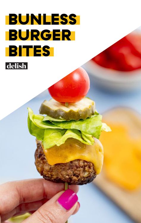 The cutest party app we ever did see. #bunlessburgerbites #burgerbites #miniburgers #partysapps #delish Bunless Burger Bites, Mini Bunless Cheeseburger Bites, Mini Burger Bites, Superbowl Snacks For Kids, Superbowl Snacks Dessert, Burger Bites, Bunless Burger, Low Carb Meats, Football Parties