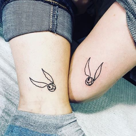 Cheerleading Tattoos, Matching Harry Potter Tattoos, Golden Snitch Tattoo, Small Friendship Tattoos, Snitch Tattoo, Matching Friendship Tattoos, Small Best Friend Tattoos, Best Friend Tattoo, Harry Tattoos