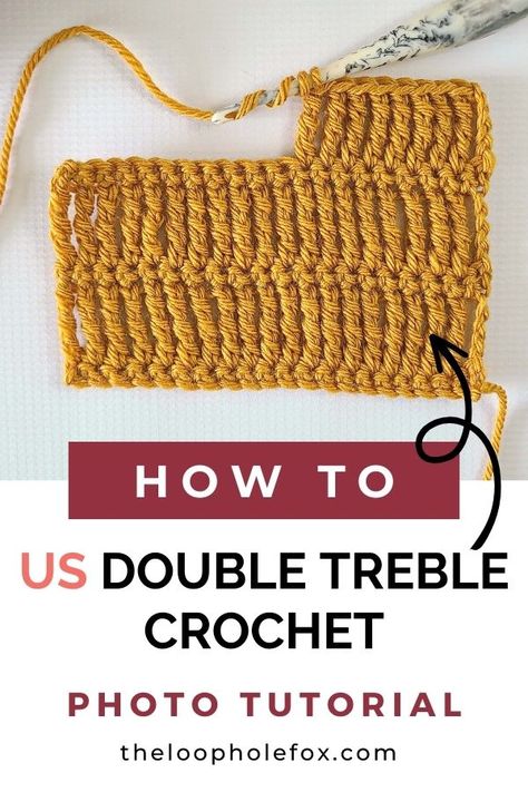 Sometimes you just need a super tall crochet stitch. That's where the US Double Treble Crochet comes in! Not to be confused with the UK's dtr, this stitch is 2x as tall as a double crochet and is commonly used in lacy patterns or for cables. Learn how to crochet the tall and lanky US Double Treble Crochet with this crochet tutorial. Double Treble Crochet Tutorials, Double Treble Crochet, How To Do A Double Treble Crochet Stitch, Stacked Double Crochet, Dtr Crochet Stitch, Double Triple Crochet Stitch, Treble Stitch Crochet, Double Treble Crochet Stitch, Tall Crochet Stitches