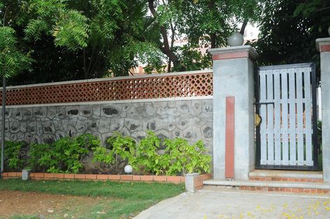 Compound Walls For House, Indian Compound Wall Design, Terracotta Jali Compound Wall, Farmhouse Compound Wall, Stone Compound Wall Design, Farmhouse Boundary Wall, Home Compound Wall Designs, Wall Compound Designs Exterior, Stone Compound Wall