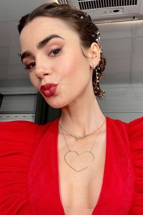 Lily Collins, hair, beauty, celebrity style, hair inspiration, updo, sixties Lily Jane Collins, Emily In Paris Outfits, Lily Collins Style, Morning Hair, 60s Hair, Shimmery Eyeshadow, Paris Jewelry, Accesories Jewelry, Phil Collins