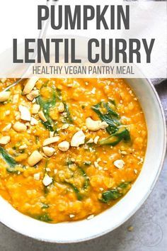 Pumpkin Recipes Easy Dinner, Pumpkin Lentil, Spinach Lentil, Lentil Recipes Easy, Pumpkin Recipes Dinner, Canned Pumpkin Recipes, Recipes Spinach, Lentil Curry Recipes, Pumpkin Recipes Healthy