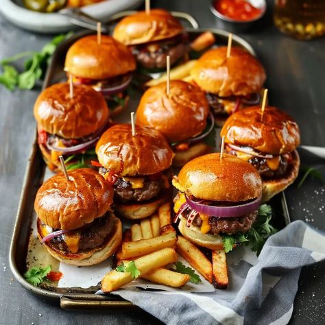 Slider-Style Mini Burgers Recipe - elianarecipes.com Party Food List, Mini Burgers Recipe, Nye Party Food, Chorizo Appetizer, Mini Burgers Sliders, New Years Eve Menu, Salmon Bites Recipe, New Years Eve Dessert, Cheese Burgers