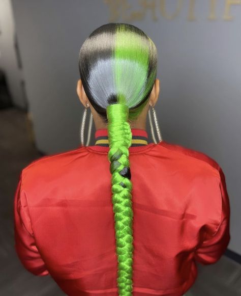 Green Braids Hairstyles, Green Braiding Hair, Green Ponytail, Green Braids, Black Girls Hairstyles Weave, Braided Ponytails, Braid Game, Sleek Braid, Event Hairstyles