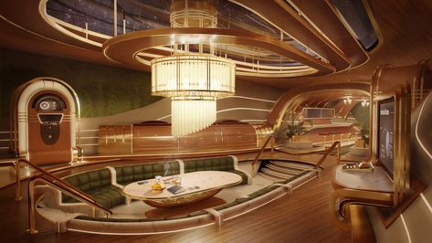 ArtStation - Neo Deco Space Lounge, Raphael Galeuchet Neo Deco Interior, Sci Fi Lounge, Retro Futurism Interior, Futuristic Art Deco, Space Yacht, Mcu Visuals, Her Wallpaper, Retro Futuristic Interior, Neo Deco