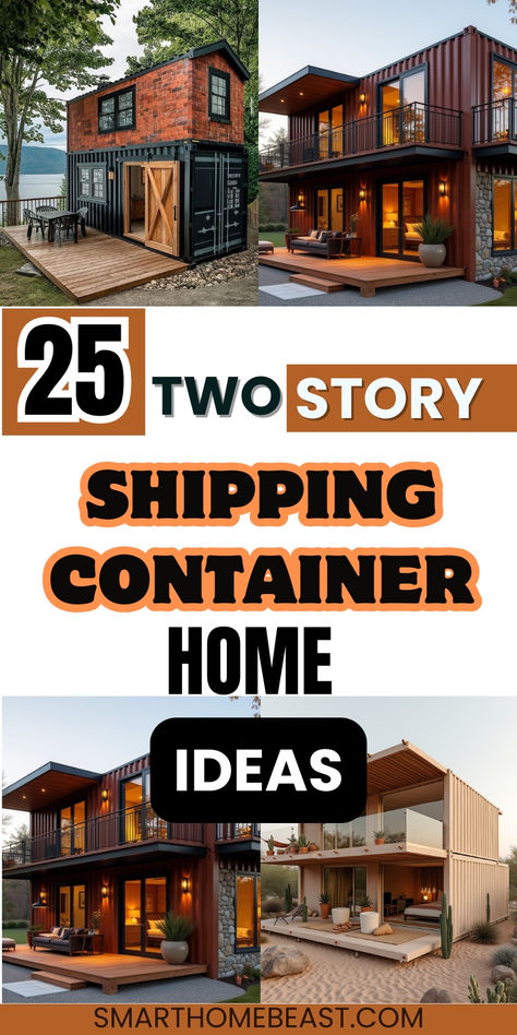 An image showcasing diverse 2-story shipping container homes, featuring modern interiors, cozy balconies, rooftop patios, sustainable layouts, and compact living solutions. 6 Shipping Container Home, Cargo Homes Shipping Containers, Big Shipping Container Homes, Shipping Container Home On Stilts, Storage Container Floor Plans, Mountain Container Home, 3 Bedroom Shipping Container Home Floor Plans, 4 Shipping Container Home, Shipping Container Bedroom Ideas