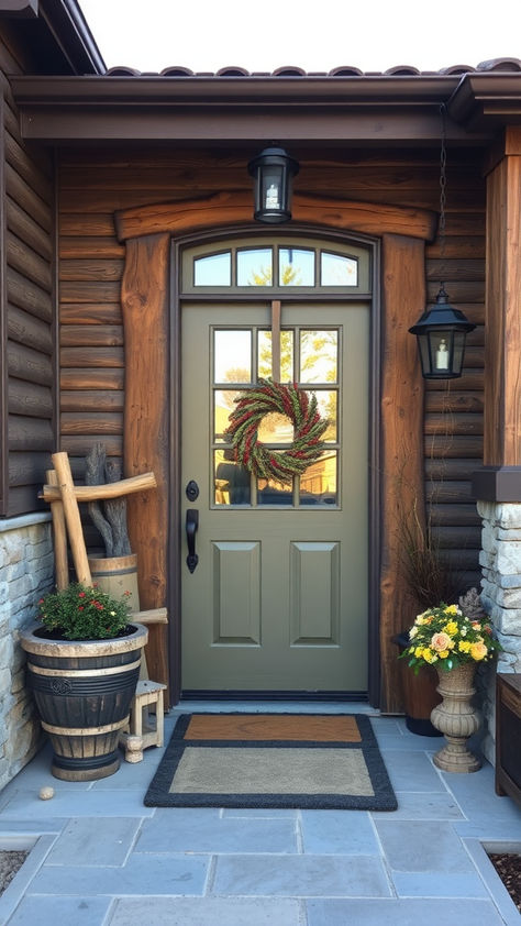 Dreaming of a unique entrance? These beautiful front door ideas blend stunning designs with functionality to make a lasting impression. Front Door Frame Ideas, Traditional Modern Front Door, Green Front Door Brown House, 9 Lite Front Door, Wooden Front Door Ideas, Front Door Colors With Cedar Siding, Cabin Front Door Ideas, Side Front Door Entrance, Cabin Front Door Colors