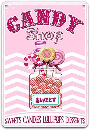 Retro Candy Store, Sweet Shop Sign, Sweets Poster Design, Candy Shop Sign, Retro Candy Shop, Vintage Candy Shop, Coquette 60s, Tin Sign Wall Decor, Candy Bar Sign