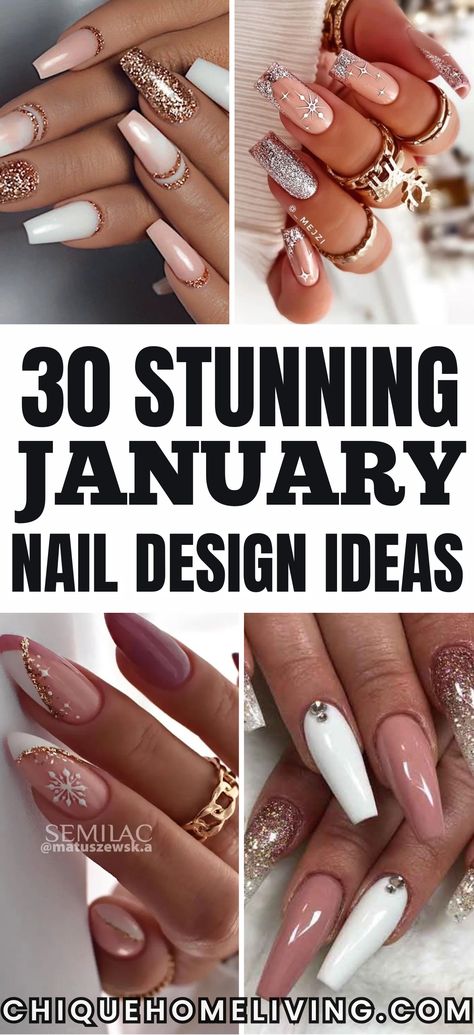 Step into the new year with style by exploring these 30 Best January Nail Ideas! Whether you’re looking for frosty blues, shimmering silvers, or neutral winter tones, these designs are perfect for the season. Embrace winter vibes with snowflake accents, icy ombrés, and glitter tips for a chic look. Or opt for subtle elegance with soft nudes, matte finishes, and minimalist line art. Elegant Nail Designs Coffin, Glitter Line Nail Art, Grey And Copper Nails, New Years Nail Designs Coffin Shape, Nails Design For January, Cute Nail Ideas For January, January Nail Designs French Tip, Platinum Nail Designs, Boss Nails Designs