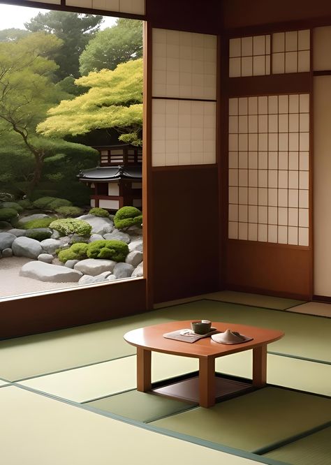 Japanese home garden, view from the Japanese living room Japan Nostalgia, Japanese Home Garden, Japanese Living, Japanese Living Room, Background References, Japan Interior, Japanese Home, Trend 2024, Dream House Interior