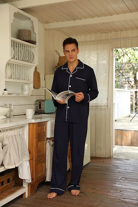 Mens Cotton Pajama Set, Soft Long Sleeve  Lightweight Button Up Sleepwear Lounge Pjs Set with Pockets -❤Perfect Gift: Spoil your dad, spouse, son or friend with this ultra comfortable pajama set for men, Sleeping Outfits Men, Pajama Outfit Men, Mens Pajamas Aesthetic, Men’s Pjs Aesthetic, Male Pajamas Aesthetic, Lounge Pjs, Mens Button Up Pajamas, Men’s Pijamas, Sleeping Outfits