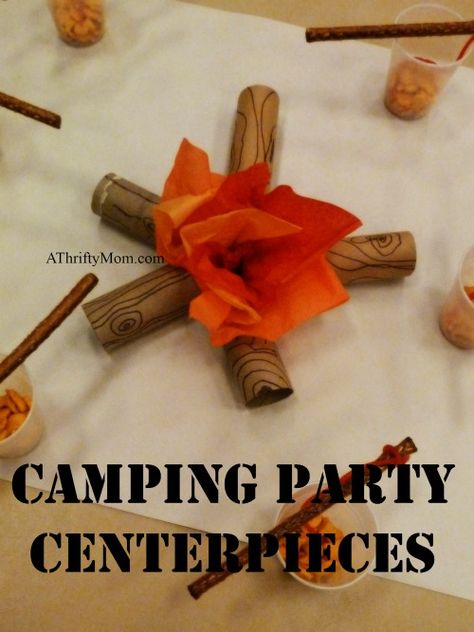 campfire centerpieces, camping party decorations, #campingparty, #blueandgoldbanquet, #thriftypartydecorations, #campfire, #centerpieces, #partydecorations, #thriftyparty Camping Theme Table Decorations, Campfire Centerpiece Ideas, Camping Party Centerpieces, Camping Tablescape, Camping Centerpiece, Campfire Party Decorations, Campfire Kettle, Campfire Crafts, Camping Table Decorations