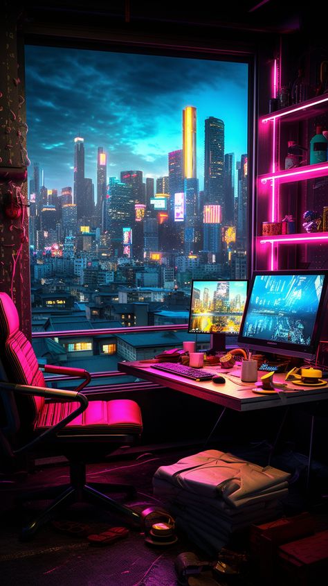 #Purple Neon Cyberpunk Computer Bedroom #zicxa #images, #background Cyberpunk House Interior, Cyberpunk Aesthetic Room, Cyberpunk Computer, Computer Bedroom, Neon Cyberpunk Aesthetic, Cyberpunk House, Cyberpunk Room, Neon Cyberpunk, Purple Neon