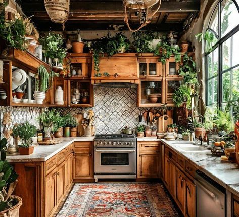 Witchy Kitchen Aesthetic, House Design Styles, New Orleans Kitchen, Earthy Kitchen, Cozy Home Ideas, Witchy Kitchen, Kitchen Plants, Trap House, Aesthetic Kitchen