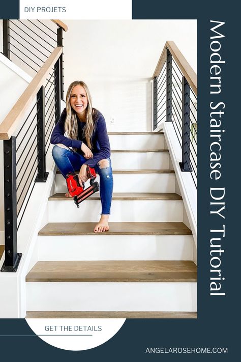 DIY your dream staircase with this modern railings update. Renovating your home is easier than you think! Staircase Rail Makeover, Stair Railing Modern Farmhouse, Banisters And Railings Makeover Metal, Diy Modern Railing, Modern Farmhouse Handrails For Stairs, Replace Stair Railing Diy, Stair Railing Remodel, Remodel Staircase Railings, Redo Staircase Railings