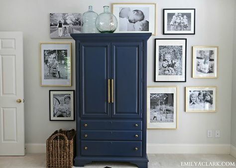 My favorite posts and projects from 2013 (master bedroom family photo gallery wall) Decorating The Top Of An Armoire, Gold Painted Furniture, Hanging Family Photos, Family Photo Gallery Wall, Shoji White, Family Photo Wall, Photo Wall Gallery, Favorite Paint Colors, Favorite Paint