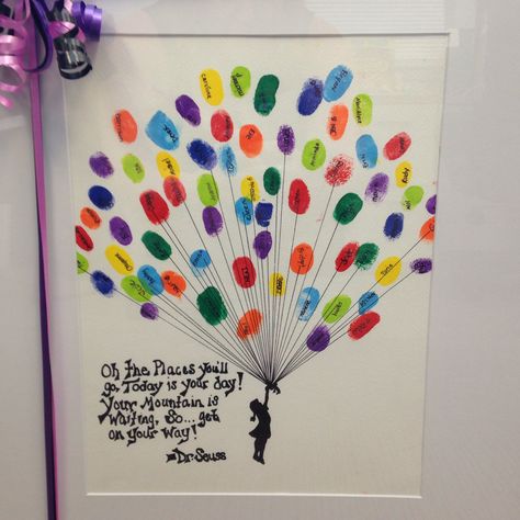 Balloon Thumbprint Art, Graduation Fingerprint Art, Fingerprint Picture Frame, Student Thumbprint Art, Classroom Fingerprint Ideas, Fingerprint Memory Art, Thumbprint Art For Teacher, Classroom Fingerprint Art, Fingerprint Class Project