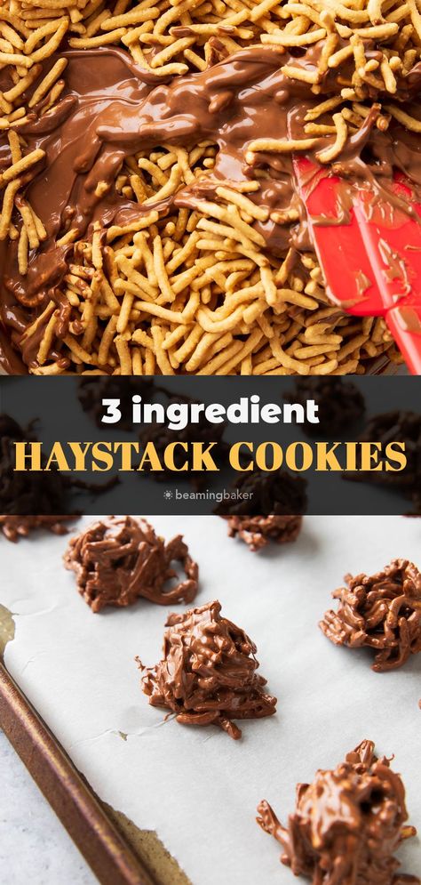 Crispy, crunchy, and chocolatey: Haystack Cookies feature crispy chow mein noodles coated in a chocolate butterscotch coating. An easy 3 ingredients recipe for no bake haystack cookies! | Recipe at BeamingBaker.com Cookies With Chow Mein Noodles, Haystack Cookies No Bake, No Bake Haystack Cookies, Chow Mein Noodle Cookies, Crispy Chow Mein, Crispy Chow Mein Noodles, Beaming Baker, Haystacks Recipe, Haystack Cookies