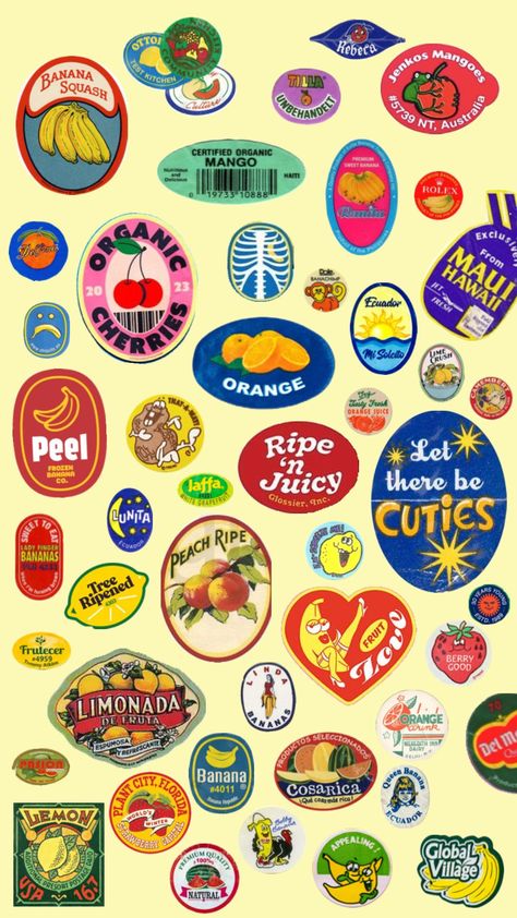 vitage summer stickers 😊! Basic Aesthetic, Fruit Stickers, Summer Stickers, Fruit Labels, Aesthetic Lockscreen, Conversational Prints, Stickers Vintage, Peach Aesthetic, Bedroom Wall Collage