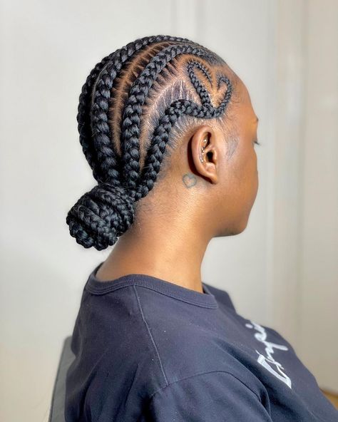 Feed In With Heart, Feedin Braids Bun, Feed In With Heart On Side, 6 Stitch Braids With Heart, Stitch Braids With Heart, Freestyle Cornrows, Straight Back Feed In Braids With Design Heart, Feed In Bun With Heart, 6 Cornrows With Heart