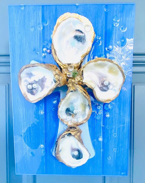 Oyster Shell Cross, Shell Cross, Sea Glass Mosaic, Large Mermaid, Oyster Shell Crafts, Sign Of The Cross, Christmas Tree Art, Cross Art, Oyster Shells