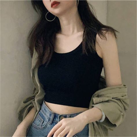 Shop tank top with fast delivery and free shipping. The stretchy knitted design is suitable for most body types. Find products of Tanks & Camis with high quality at AliExpress. Enjoy ✓Free Shipping Worldwide! ✓Limited Time Sale ✓Easy Return. Harajuku Hoodie, Neck Women, The Embrace, Edgy Style, Top Streetwear, Sleeveless Crop Top, Solid Clothes, Korean Outfits, Women T Shirt