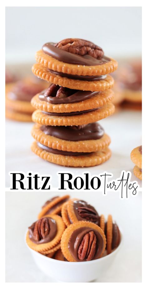 Pecan Ritz Crackers, Ritz Cracker Sweet Treats, Pretzels And Rolos Candy, Rollo Candy Recipes, Roll Turtles, Ritz Cracker Christmas Treats, Ritz Cracker Christmas Cookies, Cookies With Rolos, Ritz Cracker Candy