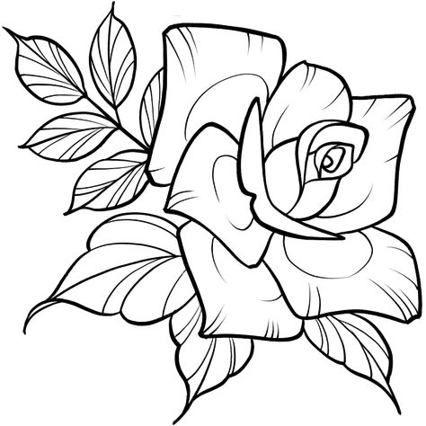 This rose is a classic staple of tattoo culture — iconic and simple, but a symbol of beauty and elegance. Tattoo Drawings Sketches Easy, Rose Wood Burning, Ornamental Flower Tattoo Design, Easy Cover Up Tattoos, American Traditional Mom Tattoo, Easy Thigh Tattoos, Rose Tattoo Stencil Outline, Tat Sketches, Dope Coloring Pages