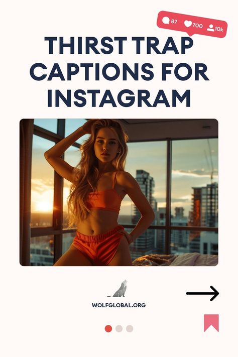 Promotional graphic for "Thirst Trap Captions for Instagram" with a woman in red swimwear.
Image of a colorful checklist with cheeky, confident statements, promoting WOLFGLOBAL.ORG, and a "GET 100+ MORE" button.
A happy young woman with a laptop surrounded by social media icons promoting Instagram engagement. Thirst Trap Caption Ideas, Trap Captions, Snapchat Captions, Of Captions, Captions For Instagram Posts, Thirst Trap, Ig Captions, Caption For Yourself, Birthday Captions