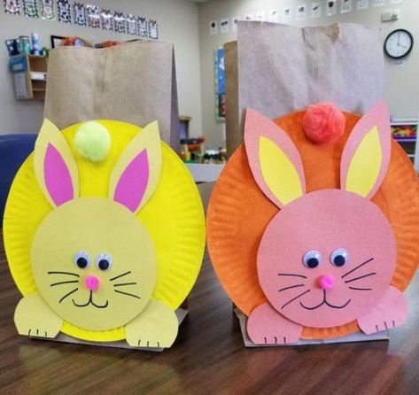 Easter Bags Preschool, Paper Plate Easter Basket, Paper Plate Easter Crafts, Preschool Easter Basket Craft, Paper Bag Easter Basket, Paasontbijt School, Paper Plate Easter Bunny, Diy Easter Crafts For Kids, Senior Infants