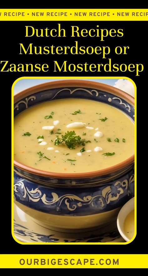 Dutch Musterdsoep, also known as Dutch Mustard Soup, has been a staple of Dutch cuisine for centuries due to its long history and delicious taste. The velvety texture and tangy, gently spicy flavor of mustard give this rich, creamy soup its distinctive flavor profile. Dutch culinary innovation and imagination are on full display in the Musterdsoep, which takes a humble condiment like mustard and turns it into a show-stopping dish. Dutch Mustard Soup, Dutch Mustard Soup Recipe, Mustard Soup Recipe, Mustard Soup Dutch, Soup Recipes For 2 People, Dutch Recipes Traditional, Mustard Soup, Traditional Dutch Recipes, Typical Dutch Food