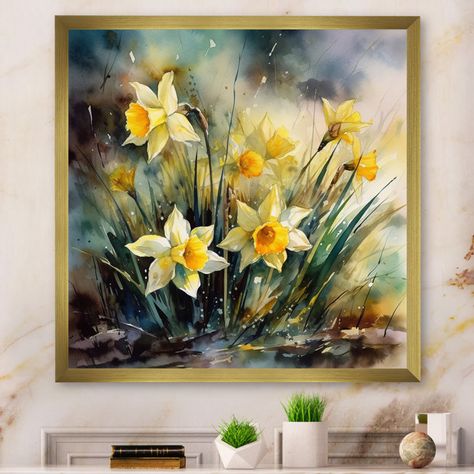 Roziya " Daffodils Elegance II " Print on Canvas Daffodil Painting, Daffodil Wall Art, Golden Daffodils, Mural Floral, Black Picture Frames, Gold Picture Frames, Calendar Design, Framed Canvas Wall Art, Metal Artwork