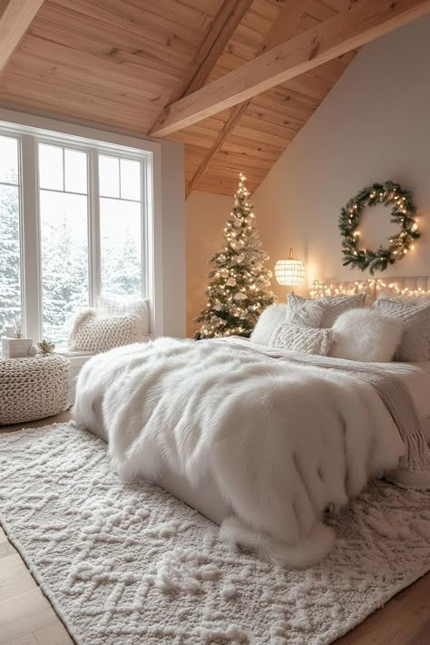 Cozy Christmas Bedroom Aesthetic, Christmas Room Inspiration, Cozy Christmas Bedroom, Winter Bedroom Decor, Chic Home Design, Holiday Bedroom, Winter Bedroom, Cozy Christmas Decor, Bedroom Decor Cozy