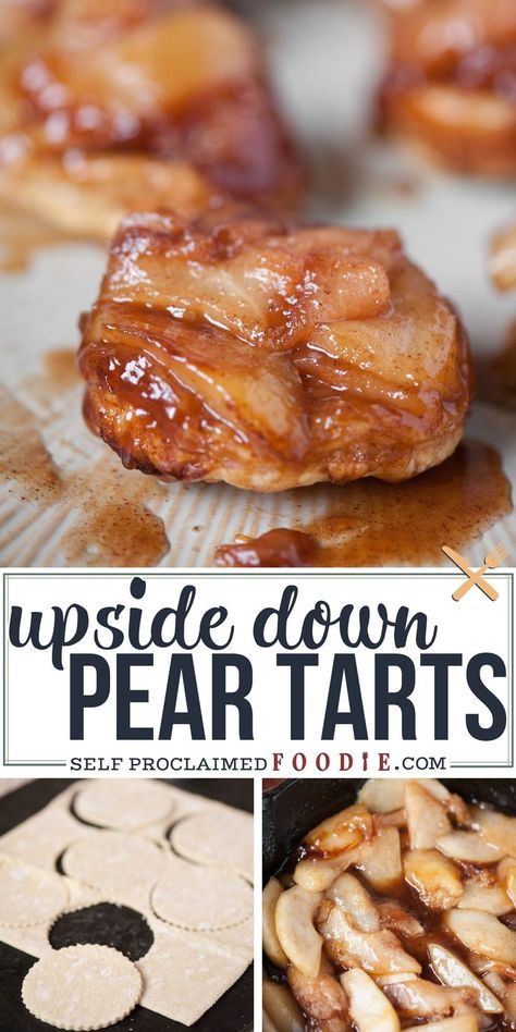 Upside Down Pear Tarts are an impressive looking fall dessert, yet are incredibly easy to make with only a few ingredients. #pear #tarts #dessert #upsidedown #recipe #easy #fall Pear Tart Recipe Easy, Puff Pastry Pear Tart, Upside Down Pear Tart, Mini Pies Easy, Pear Chocolate Tart, Chocolate And Pear Tart, Simple Pear Tart, Tarts Dessert, Pear Tarts