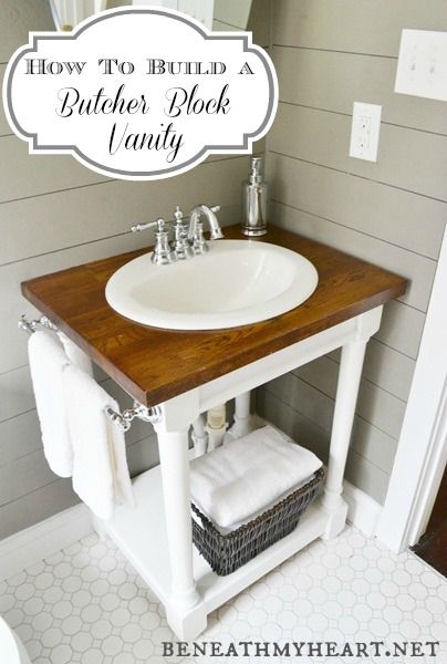 Butcher Block Vanity, Makeover Kamar Mandi, Diy Butcher Block, Blue Bathroom Vanity, Diy Bathroom Vanity, Herringbone Backsplash, Diy Vanity, White Vanity Bathroom, Bathroom Redo