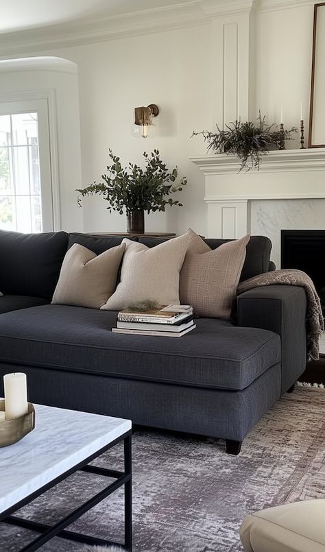 Dark Grey Couches Living Room Decor, Grey Couch With Beige Pillows, Dark Couch Light Room, Dark Grey And Beige Living Room, Dark Grey And Cream Living Room, Dark Grey Sofa Styling, Dark Grey Couch Pillow Ideas, Beige Living Room Aesthetic, Dark Grey Couch Styling